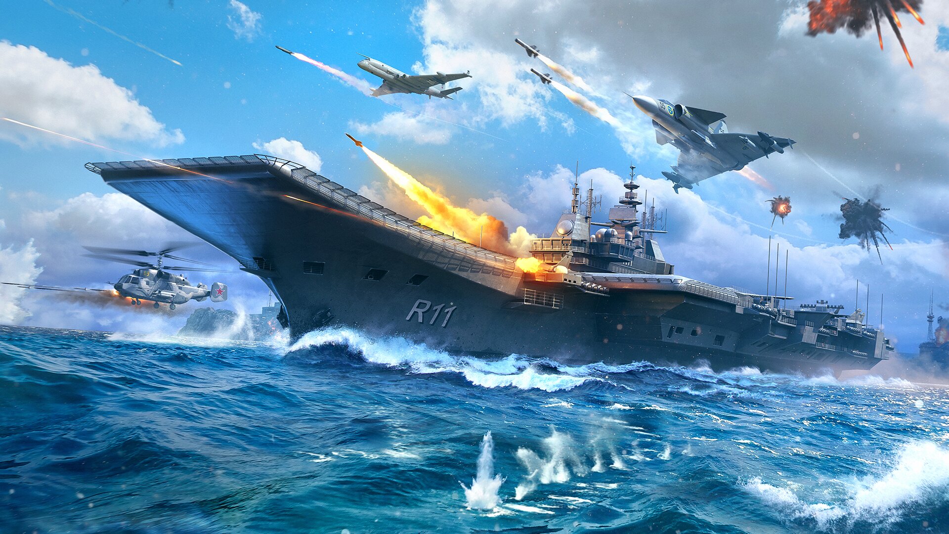 Modern Warships naval fleet battle ocean background